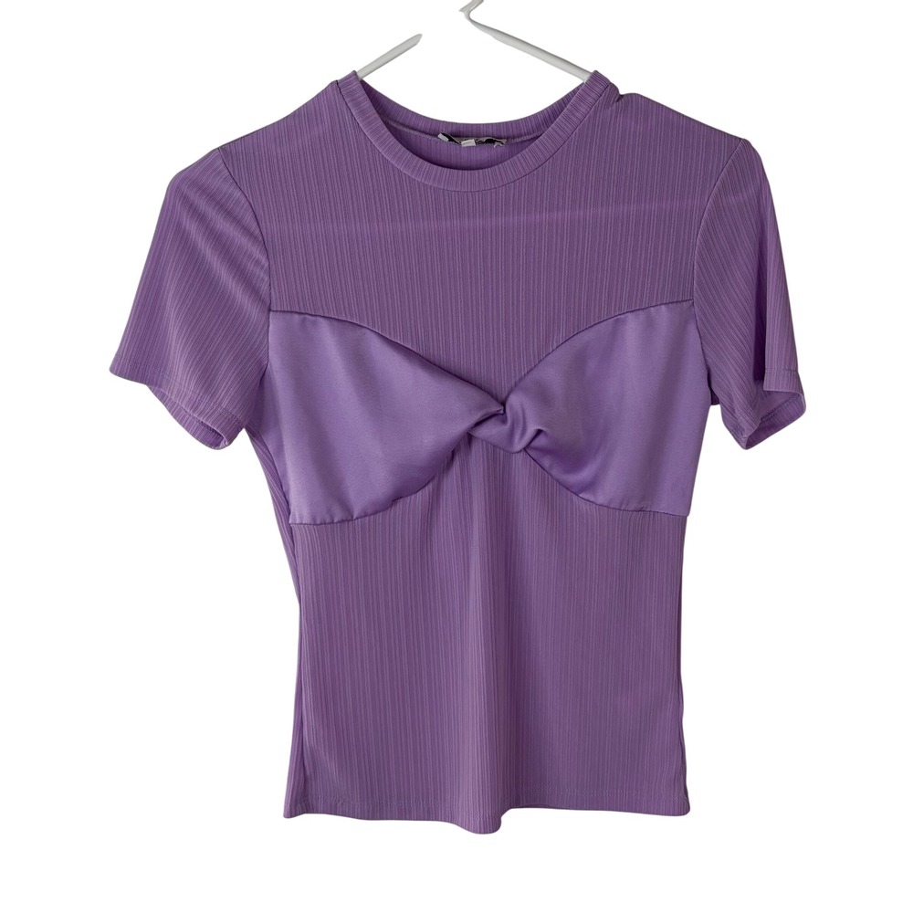 NSR Purple Ribbed Womens Knit Short Sleeve Top Twisted Satin Bust Detail Small